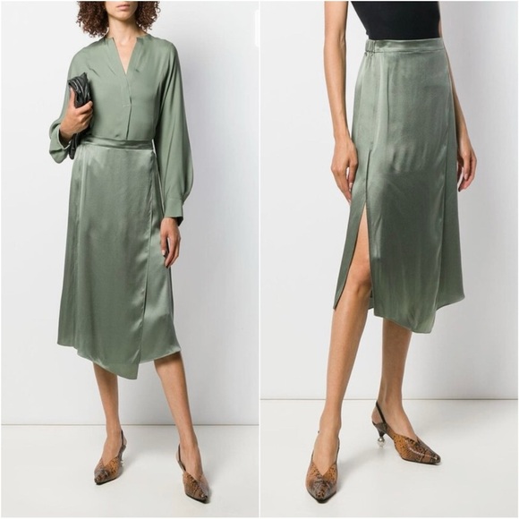 Vince Skirt Sage Flint Satin Drape Panel Midi 100% Silk Green Sz S NWT New